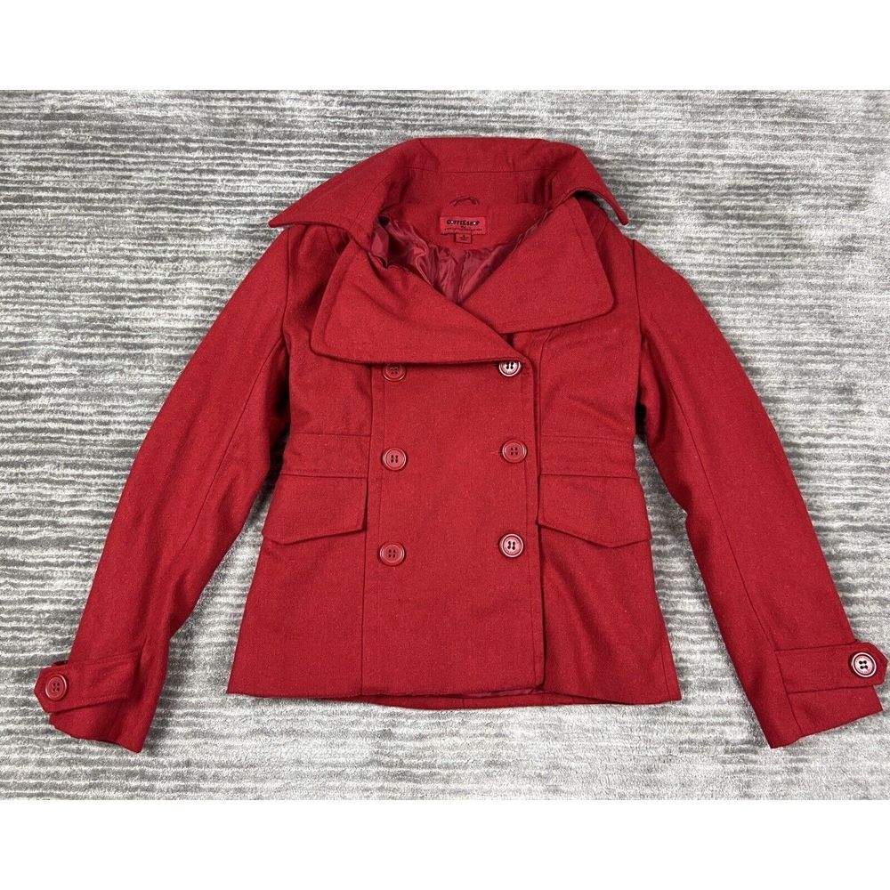Coffee Shop Coat Womens Medium Red Wool Blend Jacket Buttoned Pockets